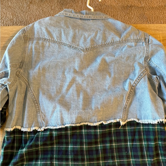 Denim Oversized Shacket with Flannel Trim and Sleeves - Picture 3 of 3